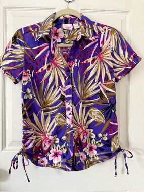 Pappagallo Tropical Floral Ruched Side Button Front Shirt Purple Petite S Resort